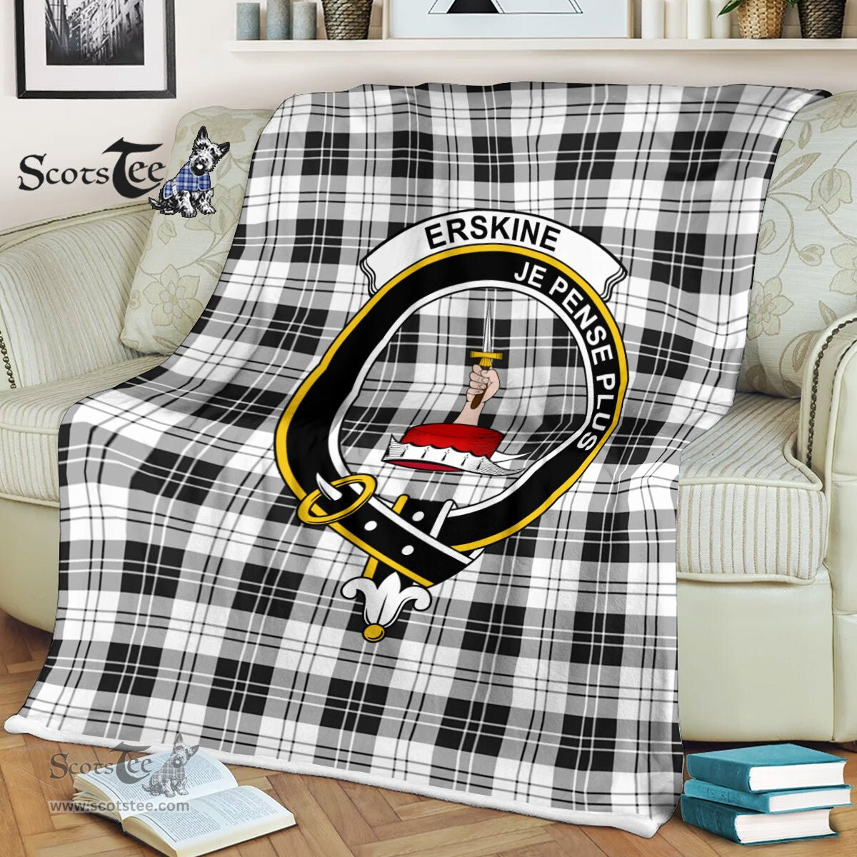 Plaid Blanket Erskine Black And White Clan Crest Badge Tartan Blanket Scottish Green Plaid Throw Blanket - Scotstee Shop