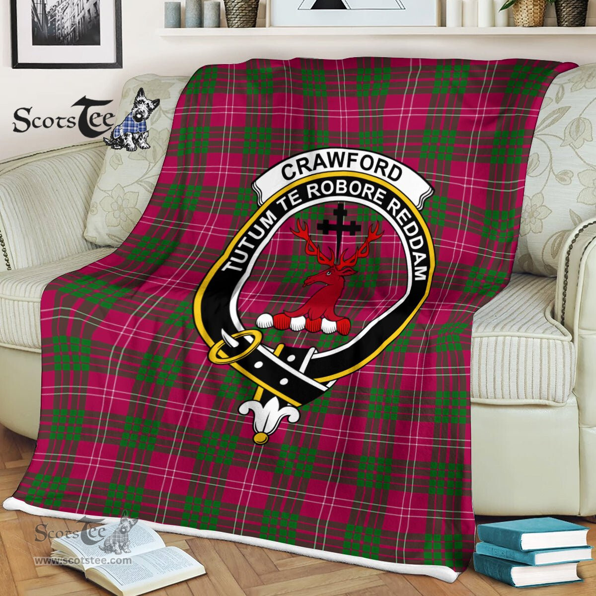 Plaid Blanket Crawford Clan Crest Badge Tartan Blanket Scottish Green Plaid Throw Blanket Tartan Plaid Fleece Blanket