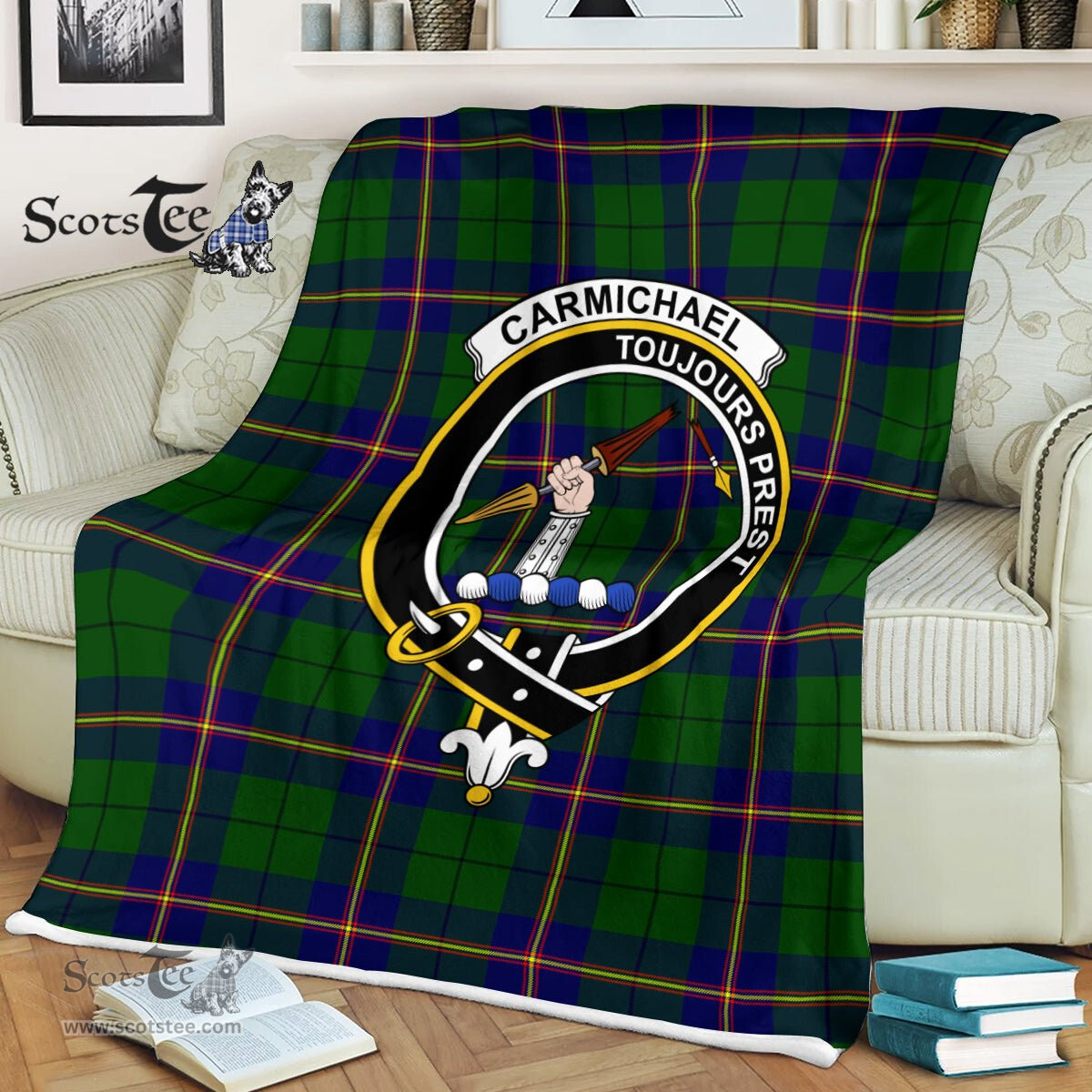 Plaid Blanket Carmichael Modern Clan Crest Badge Tartan Blanket Scottish Green Plaid Throw Blanket - Scotstee Shop