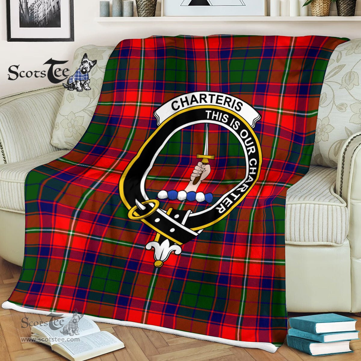 Plaid Blanket Charteris Clan Crest Badge Tartan Blanket Scottish Green Plaid Throw Blanket Tartan Plaid Fleece Blanket