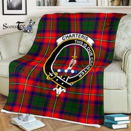 Plaid Blanket Charteris Clan Crest Badge Tartan Blanket Scottish Green Plaid Throw Blanket Tartan Plaid Fleece Blanket