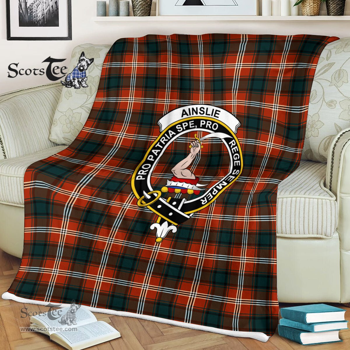 Brown Plaid Blankets Plaid Blanket Ainslie Clan Crest Badge Tartan Blanket - Scotstee Shop