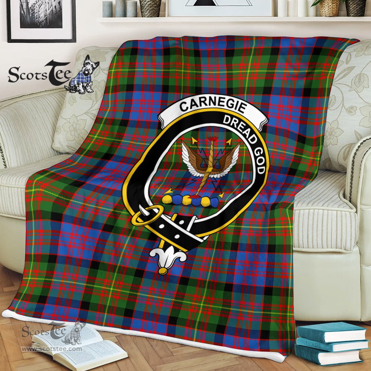 Plaid Blanket Carnegie Ancient Clan Crest Badge Tartan Blanket Scottish Green Plaid Throw Blanket - Scotstee Shop