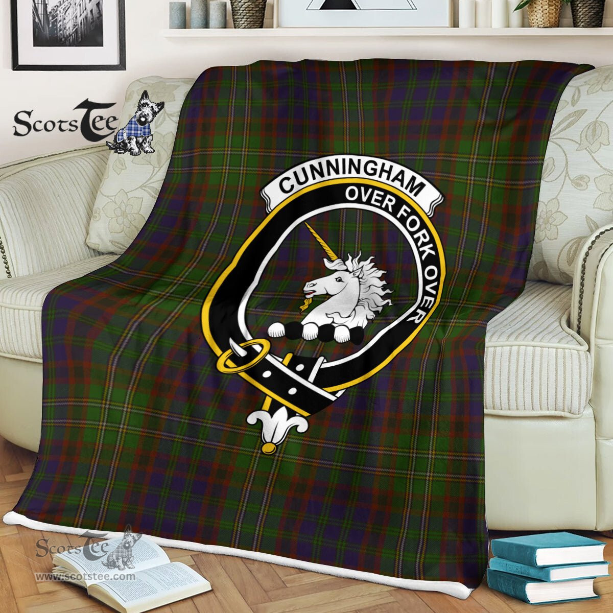 Plaid Blanket Cunningham Hunting Modern Clan Crest Badge Tartan Blanket Scottish Green Plaid Throw Blanket - Scotstee Shop