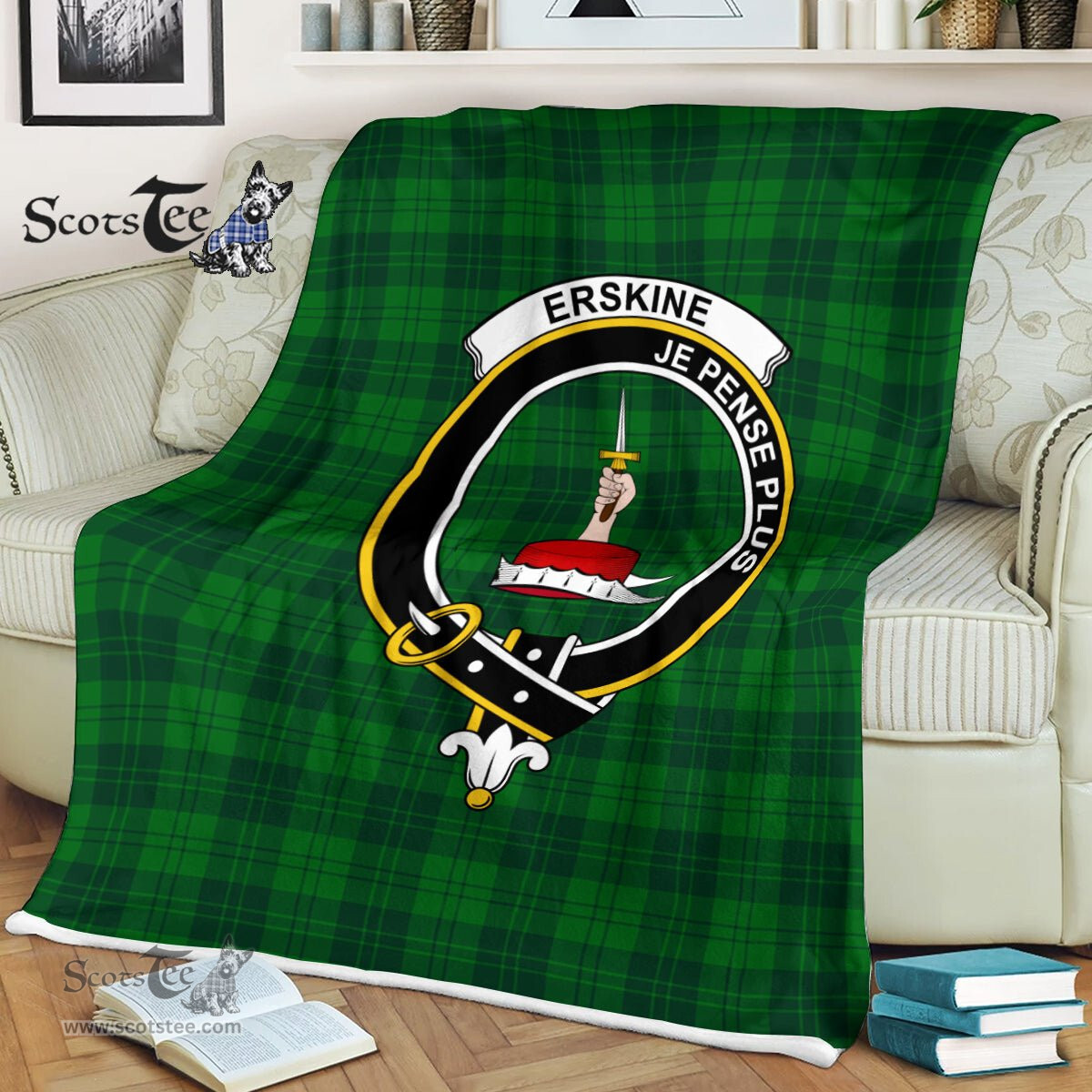 Plaid Blanket Erskine Hunting Clan Crest Badge Tartan Blanket Scottish Green Plaid Throw Blanket - Scotstee Shop