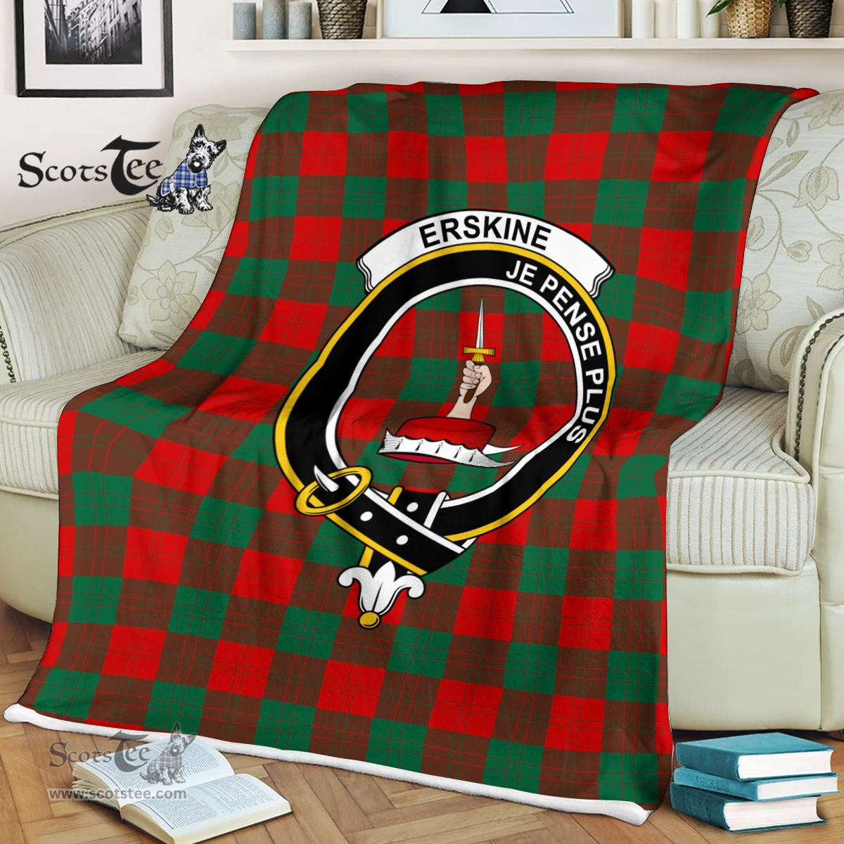 Plaid Blanket Erskine Clan Crest Badge Tartan Blanket Scottish Green Plaid Throw Blanket - Scotstee Shop