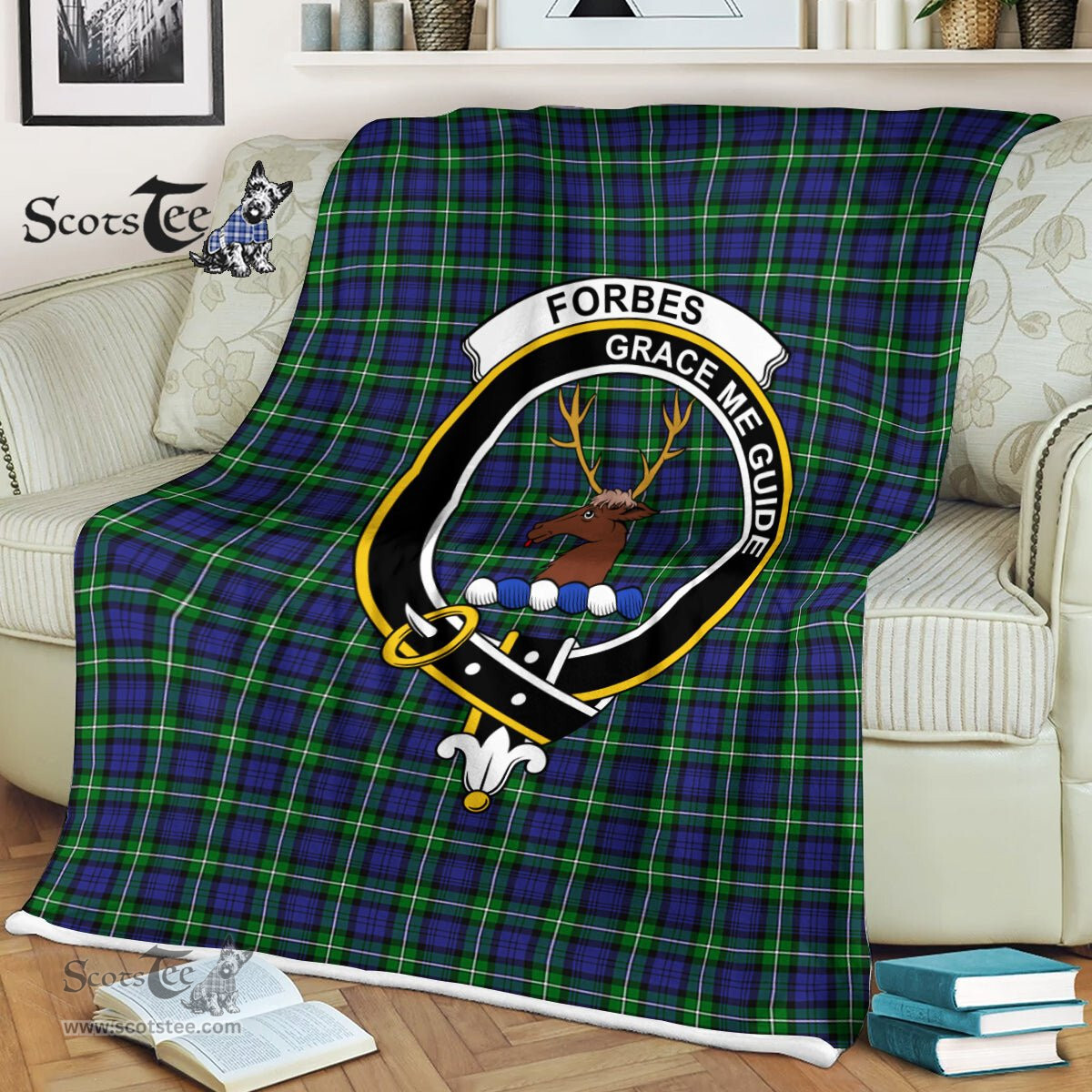 Plaid Blanket Forbes Clan Crest Badge Tartan Blanket Scottish Green Plaid Throw Blanket Tartan Plaid Fleece Blanket