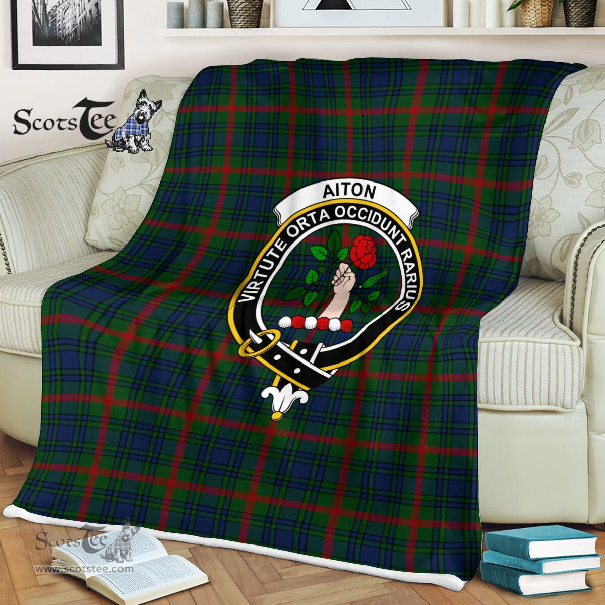 Plaid Blanket Aiton Hunting Clan Crest Badge Tartan Blanket Scottish Green Plaid Throw Blanket Tartan Plaid Fleece Blanket