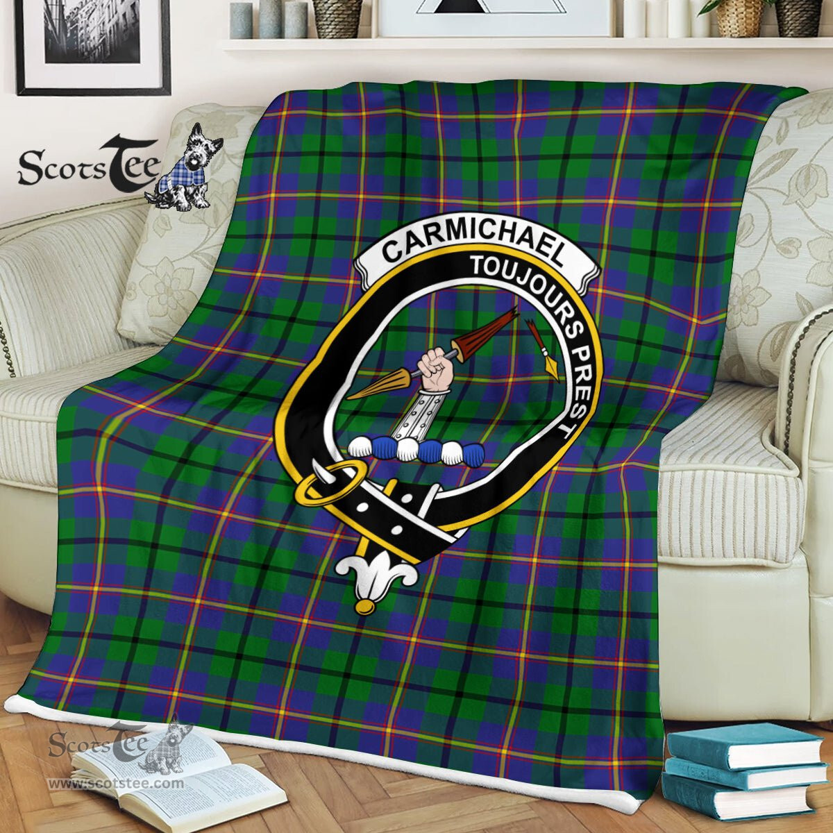 Plaid Blanket Carmichael Clan Crest Badge Tartan Blanket Scottish Green Plaid Throw Blanket Tartan Plaid Fleece Blanket