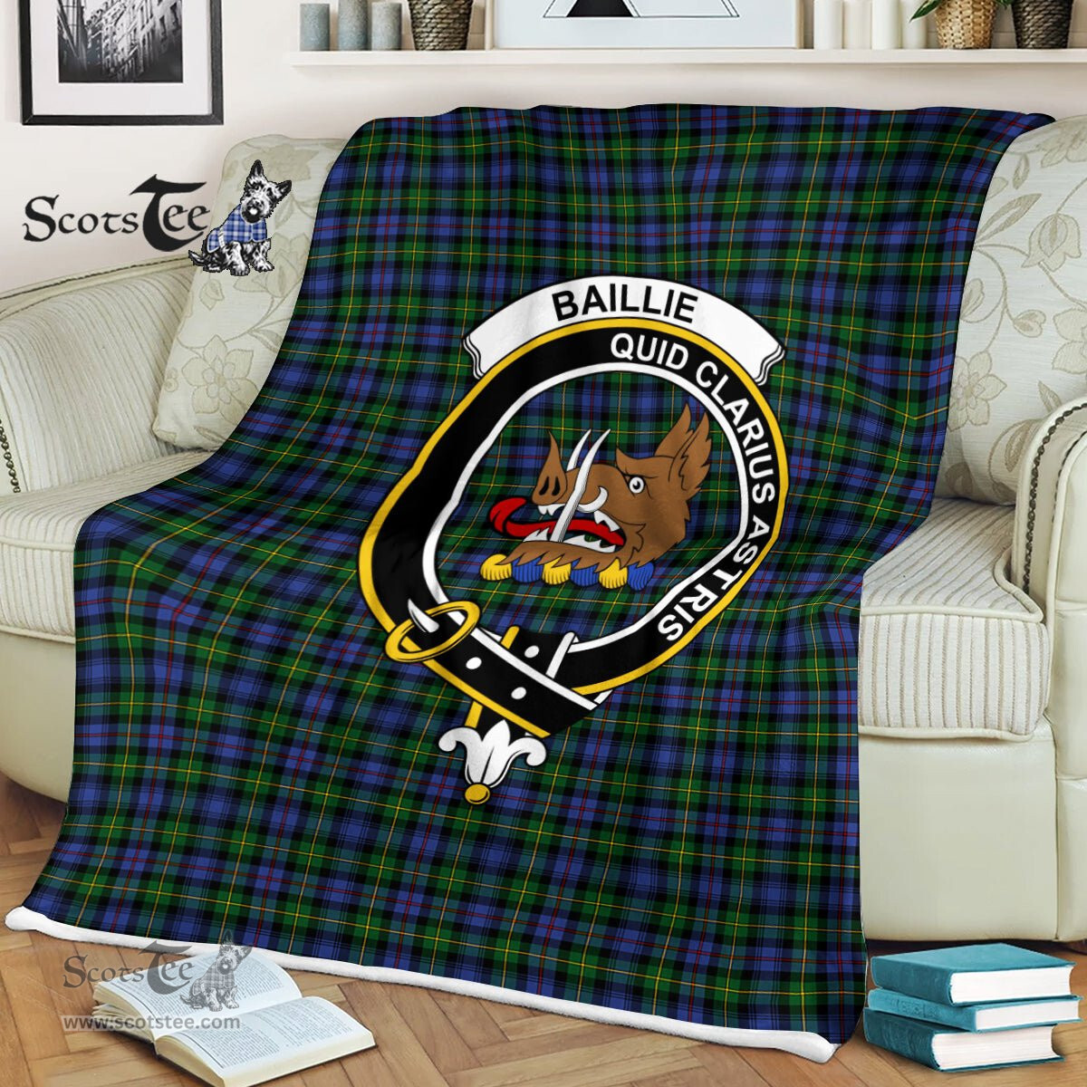 Plaid Blanket Baillie Hunting Clan Crest Badge Tartan Blanket Scottish Blue Plaid Throw Blanket Tartan Plaid Fleece Blanket