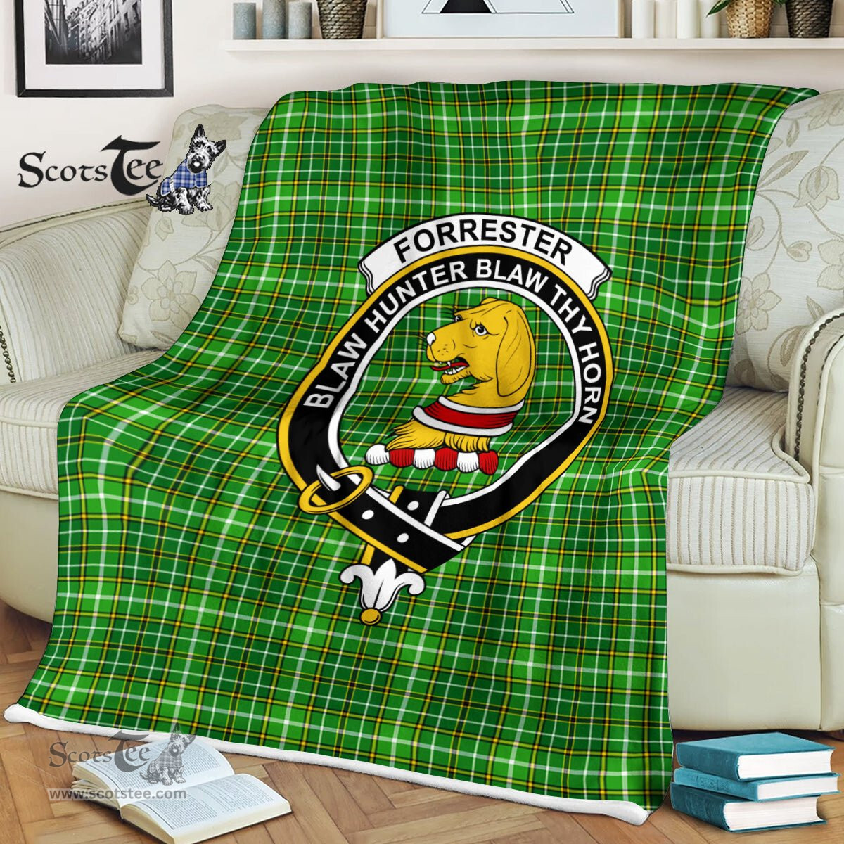 Plaid Blanket Forrester Hunting Clan Crest Badge Tartan Blanket Scottish Green Plaid Throw Blanket - Scotstee Shop