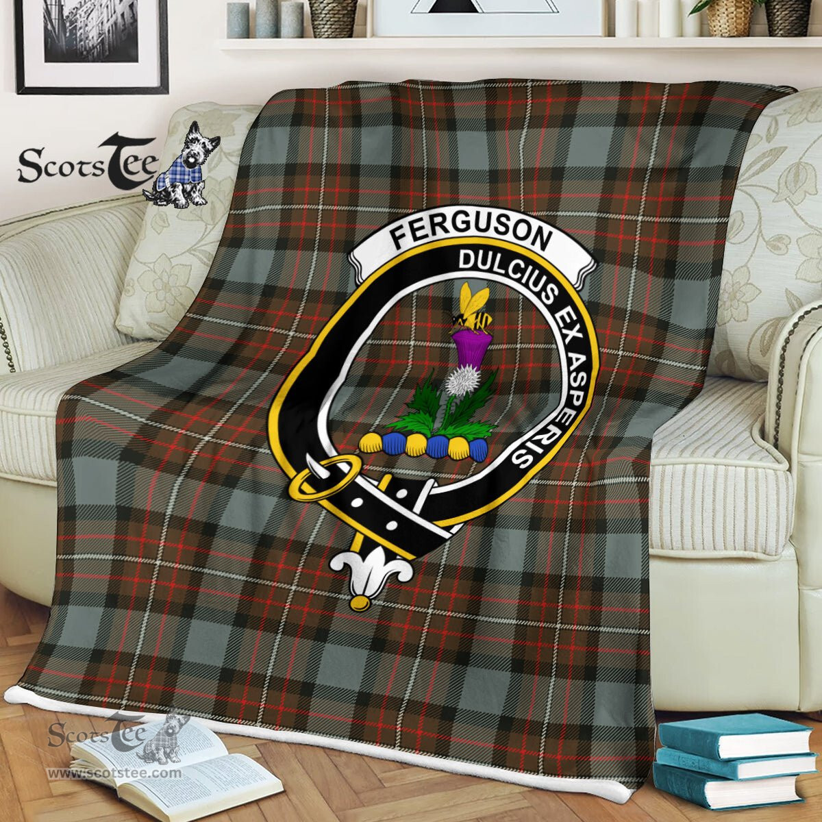 Clan Ferguson Blanket Plaid Blanket Ferguson Weathered Clan Crest Badge Tartan Blanket Scottish Green Plaid Throw Blanket - Scotstee Shop