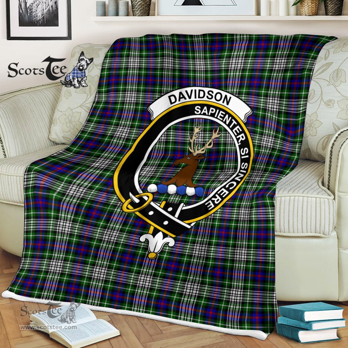 Plaid Blanket Davidson Of Tulloch Dress Clan Crest Badge Tartan Blanket Scottish Green Plaid Throw Blanket - Scotstee Shop