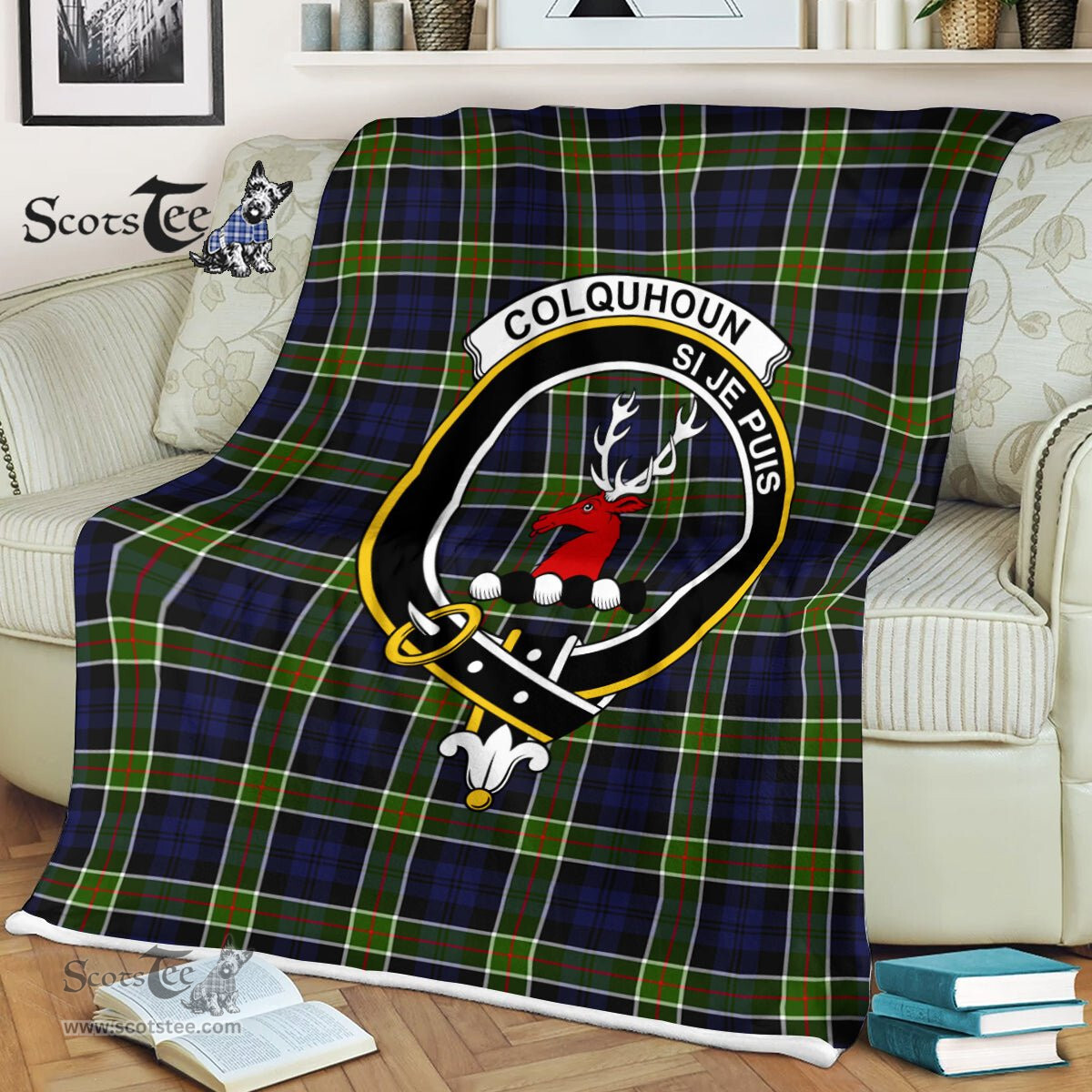 Plaid Blanket Colquhoun Clan Crest Badge Tartan Blanket Scottish Green Plaid Throw Blanket Tartan Plaid Fleece Blanket