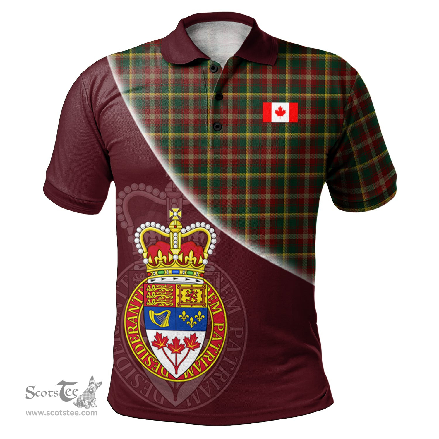 Scottish Maple Leaf Tartan Golf Polo Shirt with Canadian Coat of Arms and Canada Flag Tartan Mens Polo Shirts Scottish Plaid Tartan Plaid - ScotsTee - scotstee.com