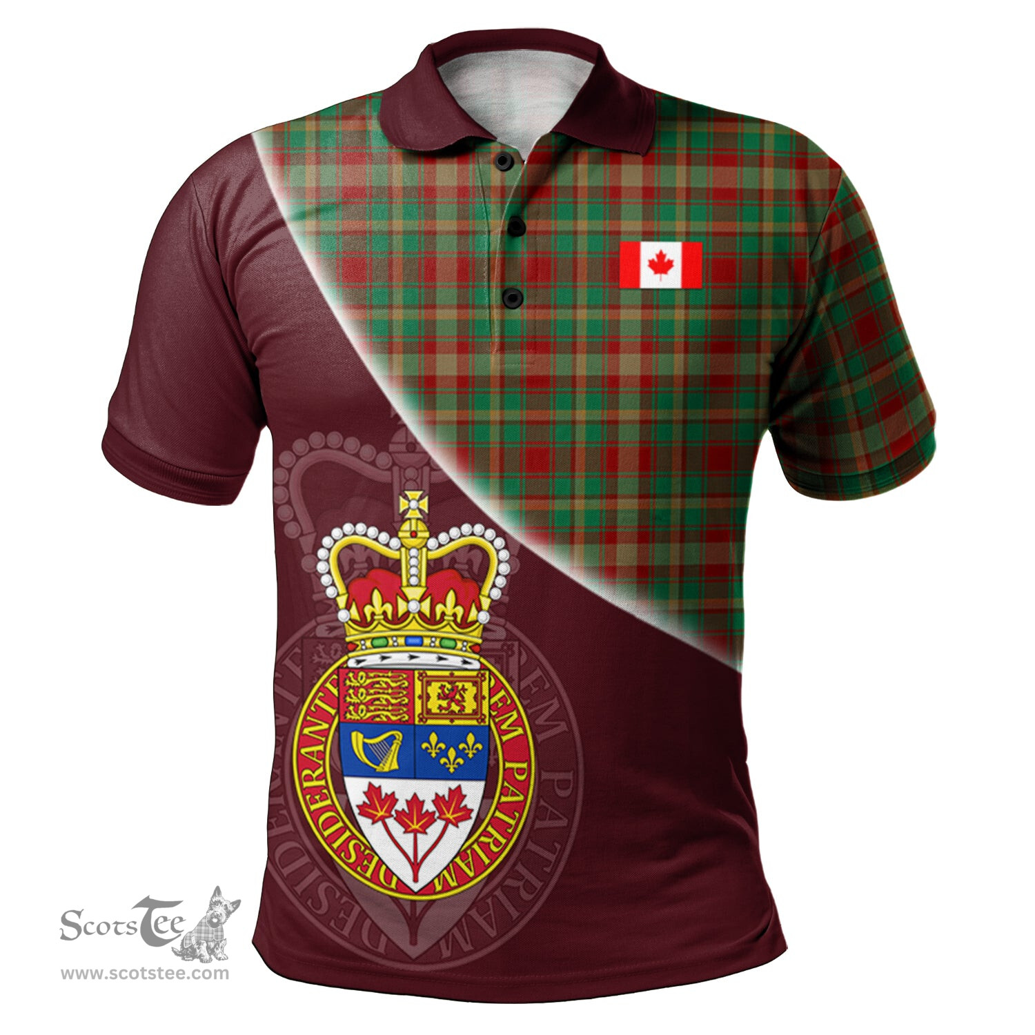 Scottish Maple Leaf District Tartan Golf Polo Shirt with Canadian Coat of Arms and Canada Flag Tartan Mens Polo Shirts Scottish Plaid Tartan Plaid - ScotsTee - scotstee.com