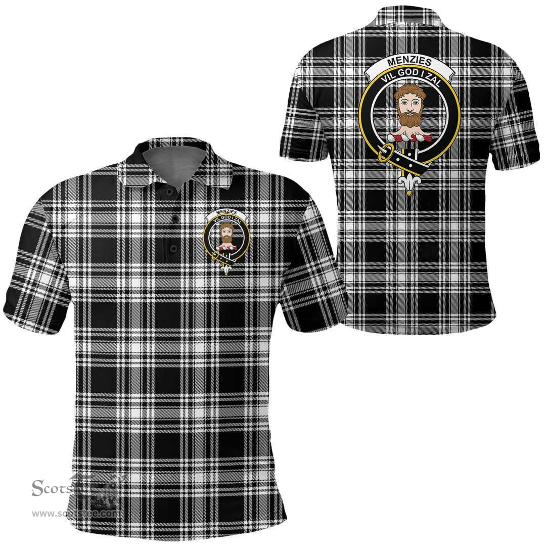 Scottish Menzies Black & White Modern Clan Tartan Polo Shirt - Crest Classic Scottish Plaid Tartan Plaid