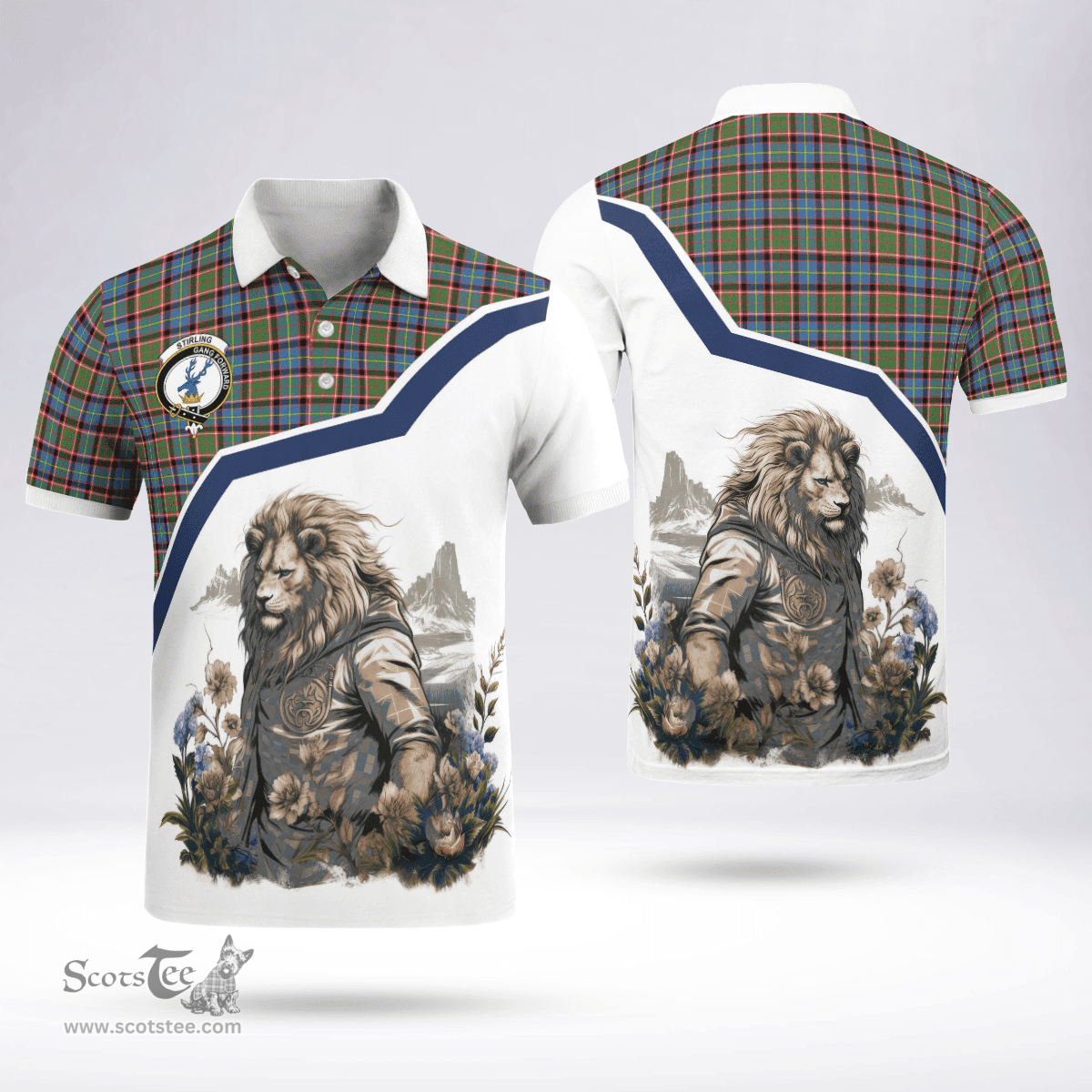 Scottish Stirling Of Cadder-present Chief Clan Badge Tartan Warrior Lion Polo Shirt - Tartan Plaid Polo Shirt Scottish Plaid Tartan Plaid - ScotsTee - scotstee.com