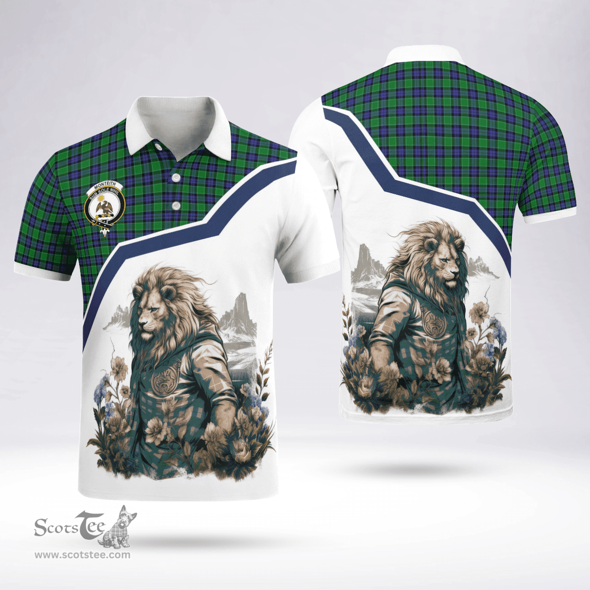 Scottish Monteith Clan Badge Tartan Warrior Lion Polo Shirt - Tartan Plaid Polo Shirt Scottish Plaid Tartan Plaid - ScotsTee - scotstee.com