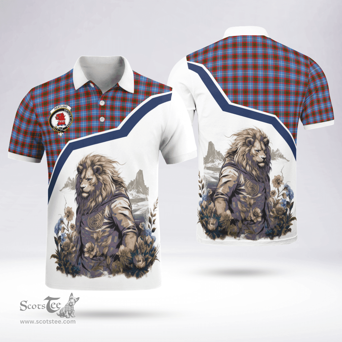 Scottish Pentland Clan Badge Tartan Warrior Lion Polo Shirt - Tartan Plaid Polo Shirt Scottish Plaid Tartan Plaid - ScotsTee - scotstee.com