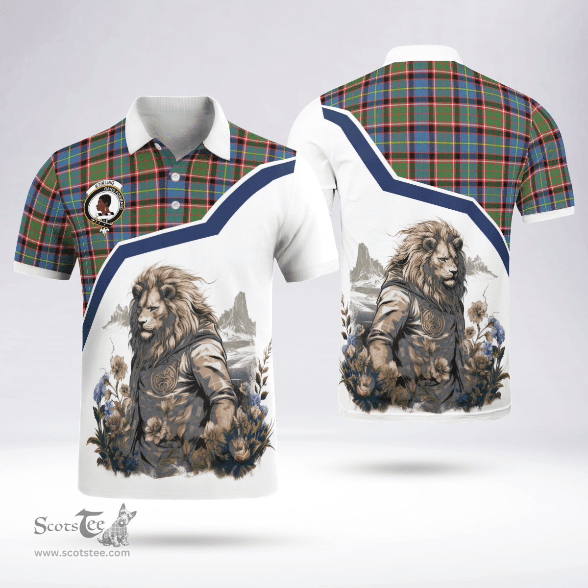 Scottish Stirling Of Keir Clan Badge Tartan Warrior Lion Polo Shirt - Tartan Plaid Polo Shirt Scottish Plaid Tartan Plaid - ScotsTee - scotstee.com
