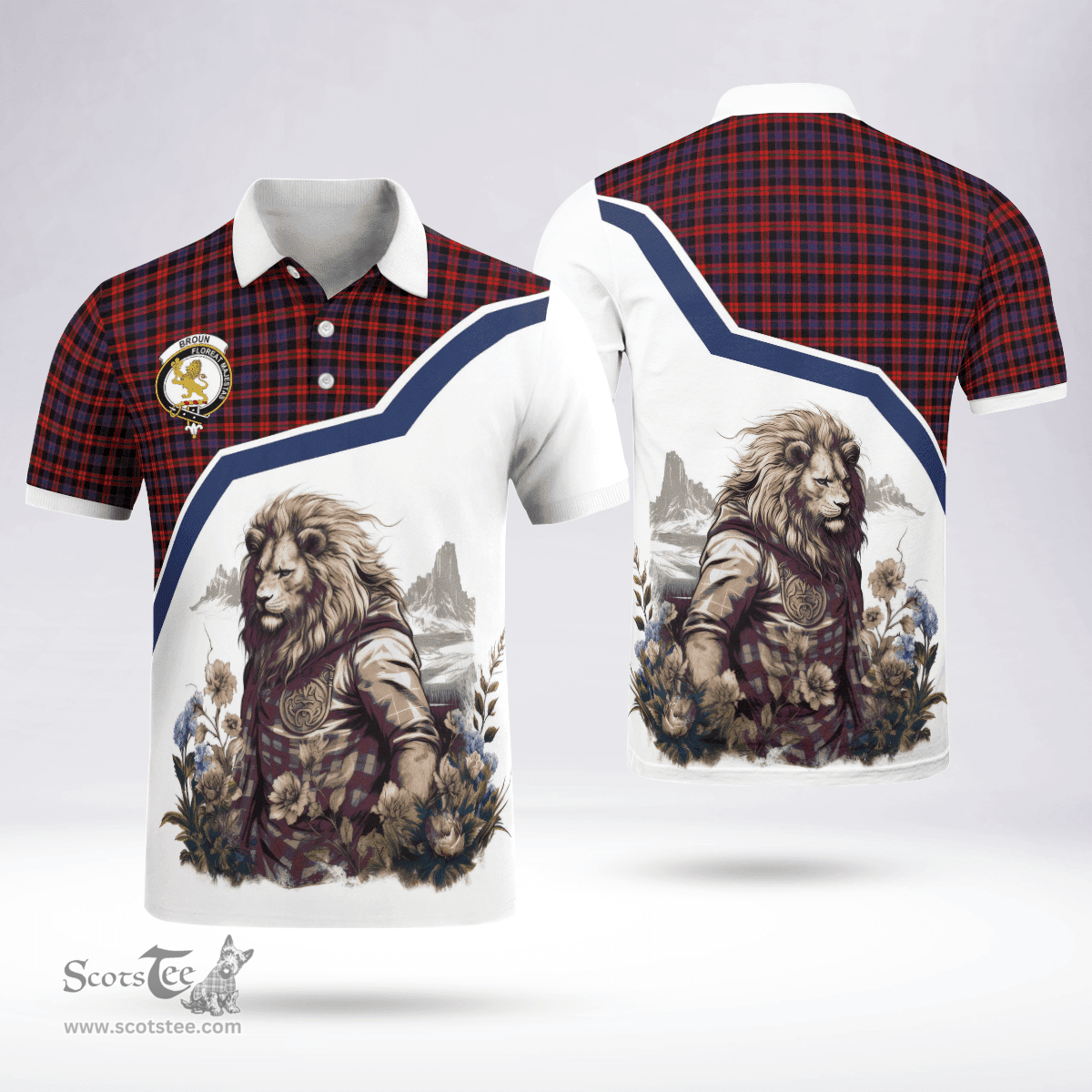Scottish Broun Clan Badge Tartan Warrior Lion Polo Shirt - Tartan Plaid Polo Shirt Scottish Plaid Tartan Plaid - ScotsTee - scotstee.com