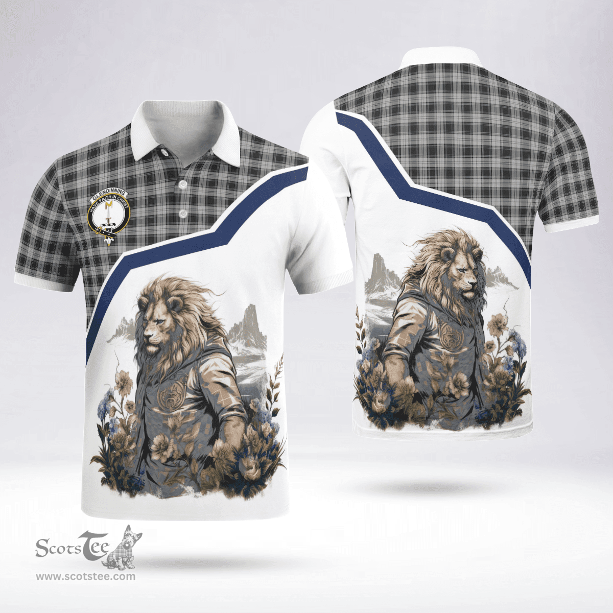 Scottish Glendinning Clan Badge Tartan Warrior Lion Polo Shirt - Tartan Plaid Polo Shirt Scottish Plaid Tartan Plaid - ScotsTee - scotstee.com