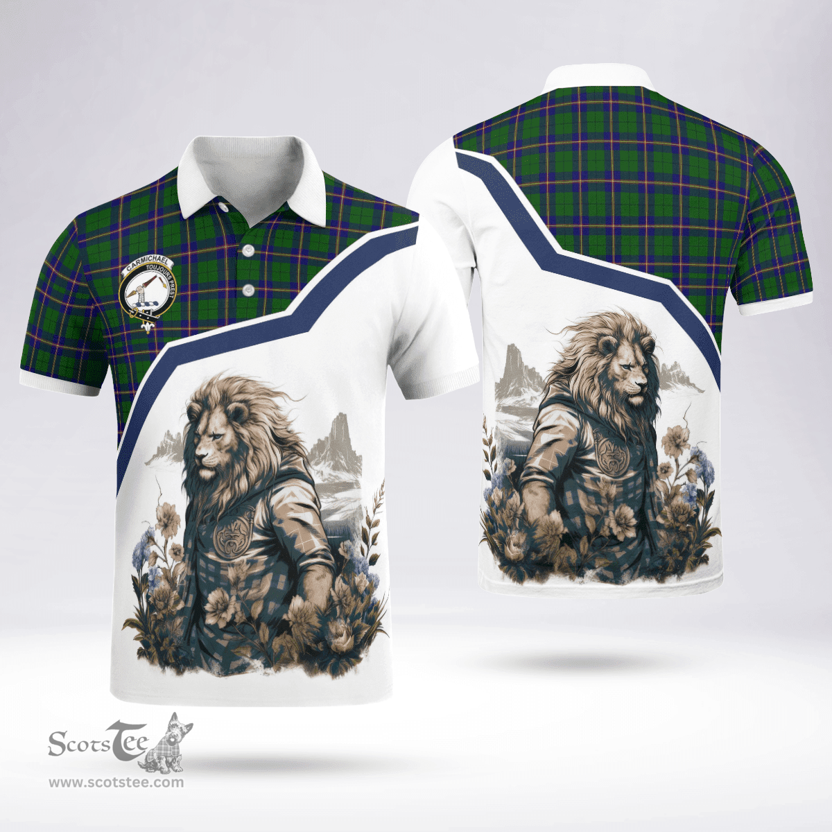 Scottish Carmichael Clan Badge Tartan Warrior Lion Polo Shirt - Tartan Plaid Polo Shirt Scottish Plaid Tartan Plaid - ScotsTee - scotstee.com