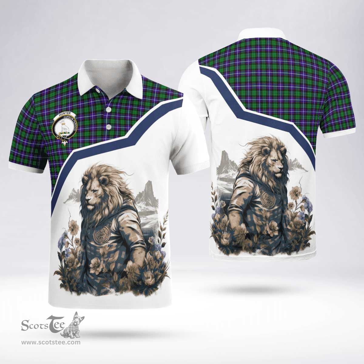 Scottish Hunter Clan Badge Tartan Warrior Lion Polo Shirt - Tartan Plaid Polo Shirt Scottish Plaid Tartan Plaid - ScotsTee - scotstee.com