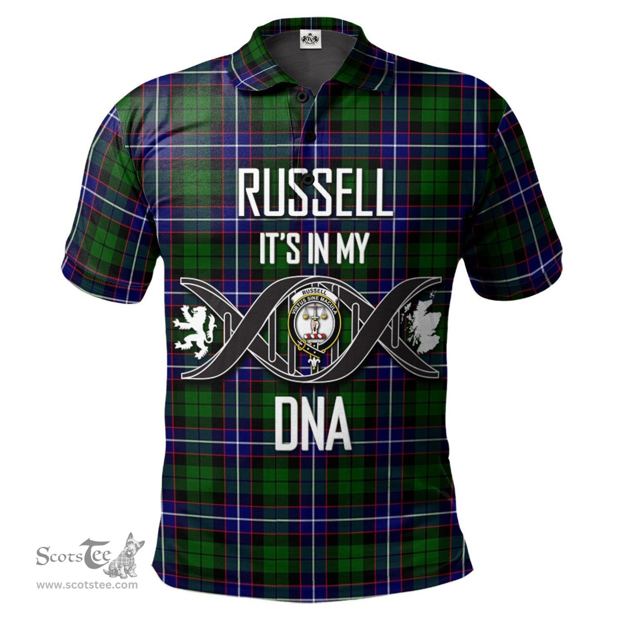 Scottish Russell Modern Clan It's In My DNA - DNA In Me Crest Tartan Polo Shirt Scottish Plaid Tartan Plaid - ScotsTee - scotstee.com