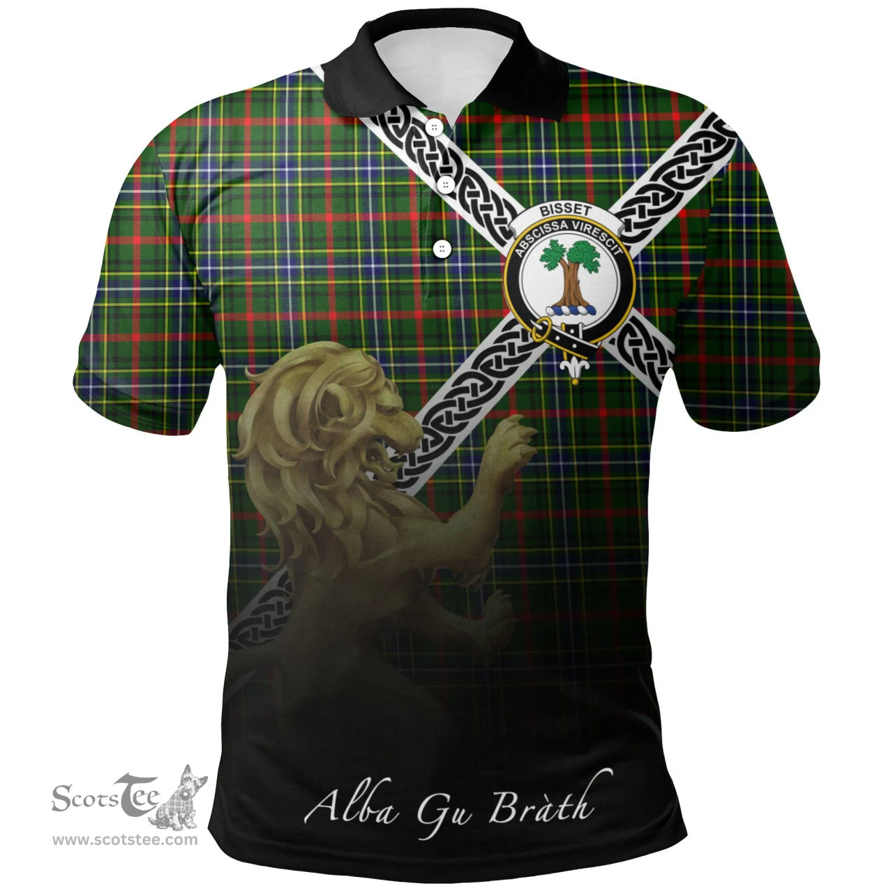 Scottish Bisset Clan Crest Tartan Polo Shirt - Celtic with Scotland Lion, Tartan Plaid Polo Shirt Scottish Plaid Tartan Plaid - ScotsTee - scotstee.com