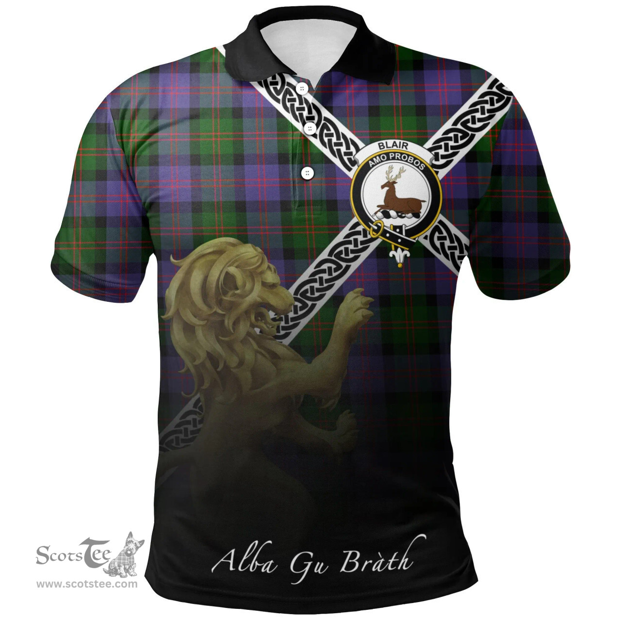 Scottish Blair Modern Clan Crest Tartan Polo Shirt - Celtic with Scotland Lion, Tartan Plaid Polo Shirt Scottish Plaid Tartan Plaid - ScotsTee - scotstee.com