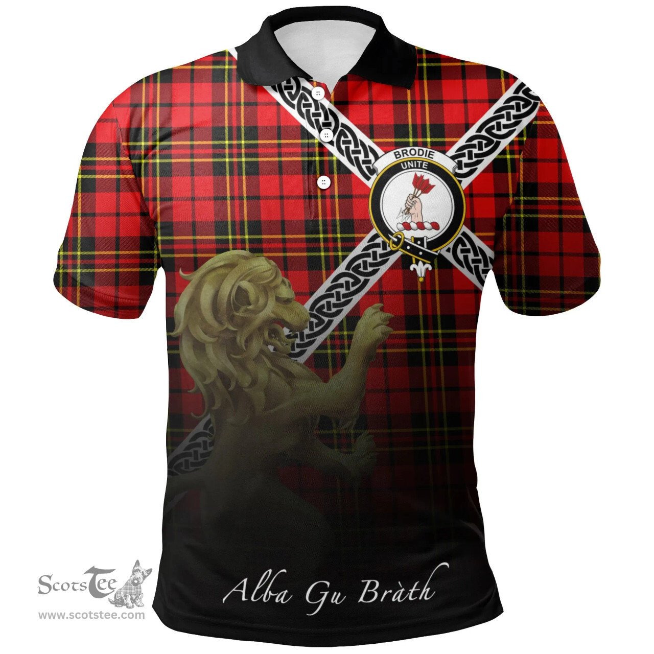 Scottish Brodie Modern Clan Crest Tartan Polo Shirt - Celtic with Scotland Lion, Tartan Plaid Polo Shirt Scottish Plaid Tartan Plaid - ScotsTee - scotstee.com