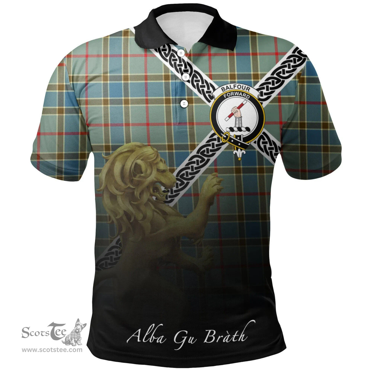 Scottish Balfour Blue Clan Crest Tartan Polo Shirt - Celtic with Scotland Lion, Tartan Plaid Polo Shirt Scottish Plaid Tartan Plaid - ScotsTee - scotstee.com