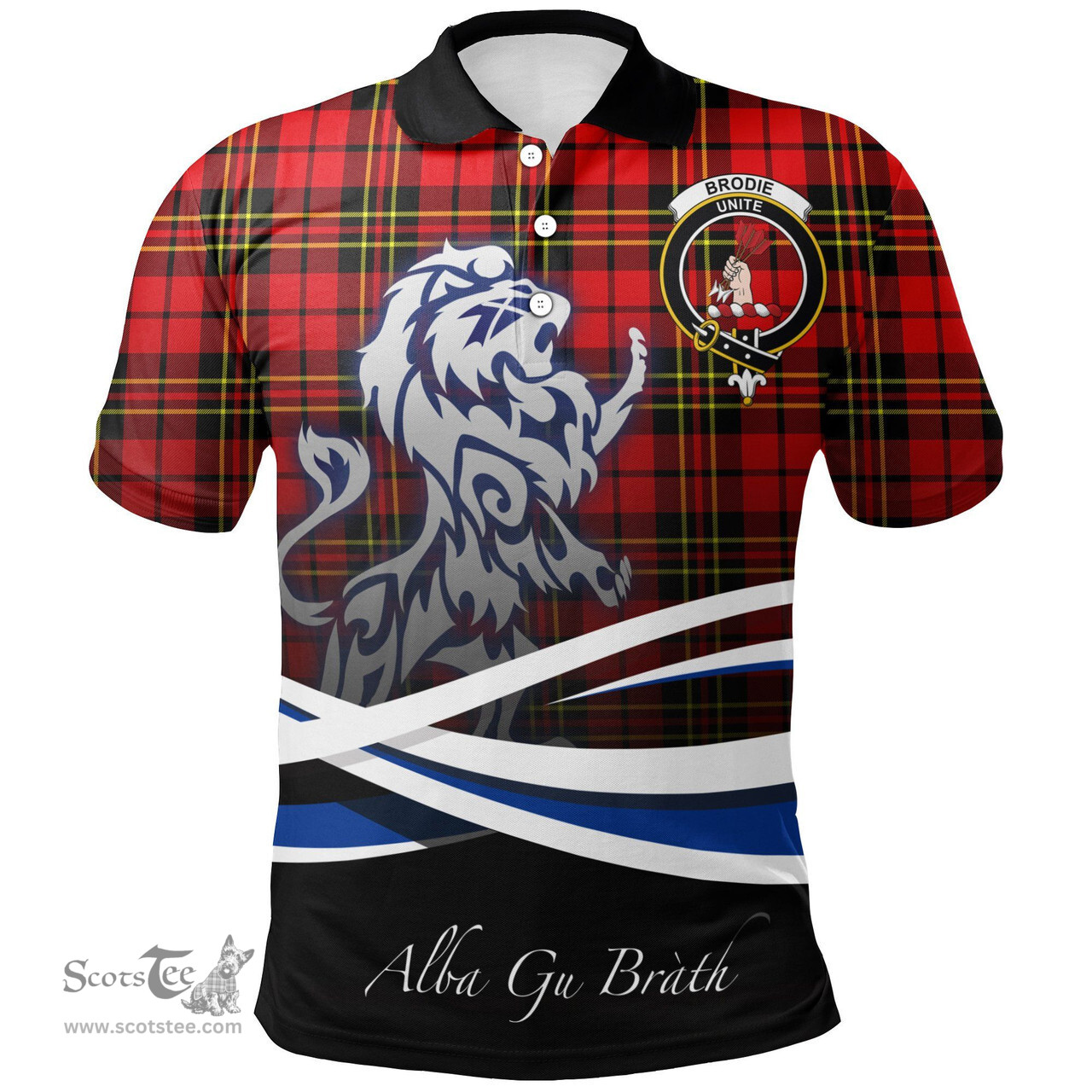 Scottish Brodie Modern Clan Crest Tartan Polo Shirt - Blue Scotland Lion, Tartan Plaid Polo Shirt Scottish Plaid Tartan Plaid - ScotsTee - scotstee.com