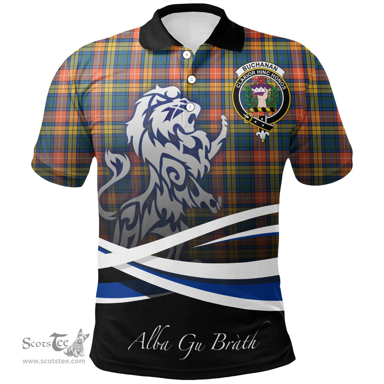 Scottish Buchanan Ancient Clan Crest Tartan Polo Shirt - Blue Scotland Lion, Tartan Plaid Polo Shirt Scottish Plaid Tartan Plaid - ScotsTee - scotstee.com