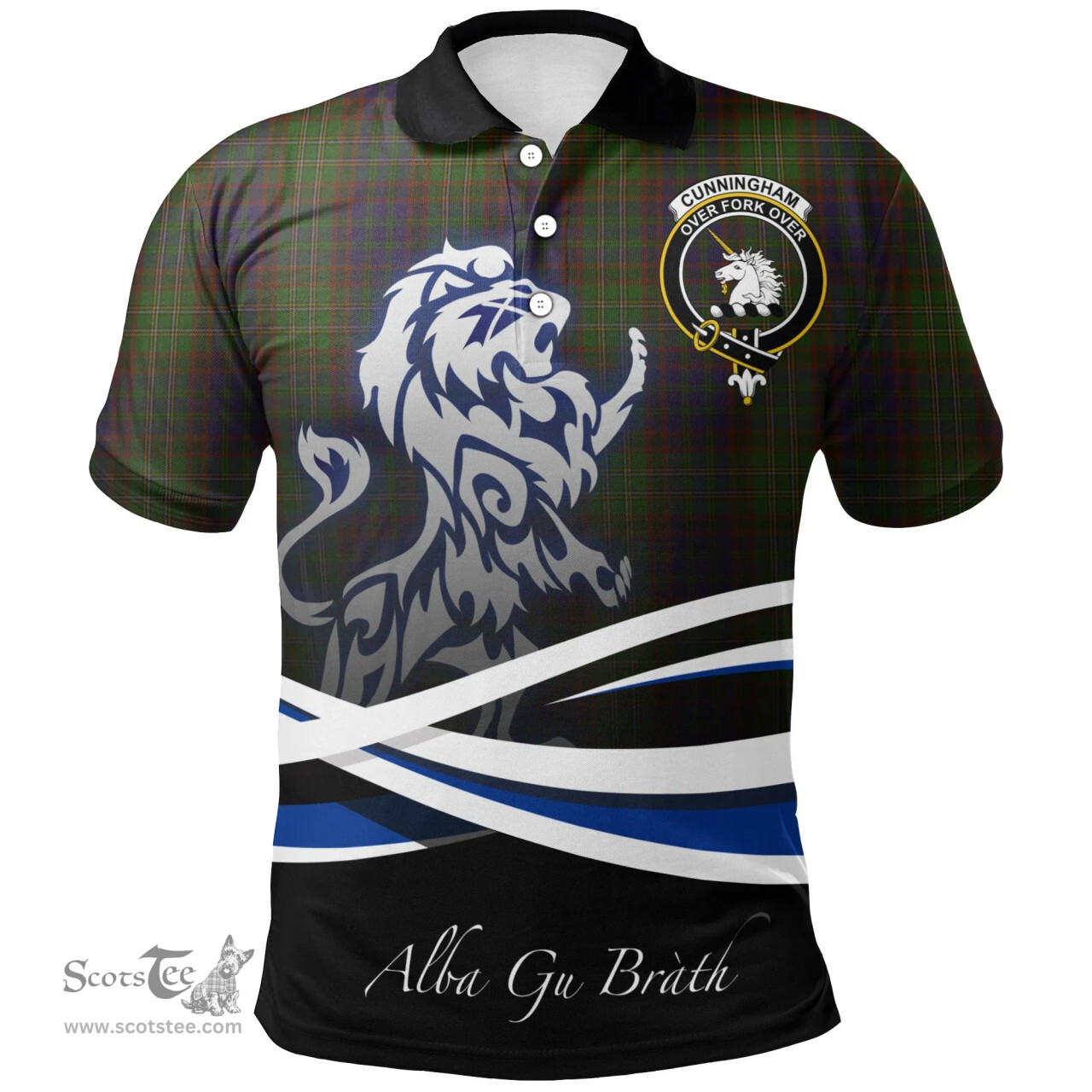 Scottish Cunningham Hunting Modern Clan Crest Tartan Polo Shirt - Blue Scotland Lion, Tartan Plaid Polo Shirt Scottish Plaid Tartan Plaid - ScotsTee - scotstee.com