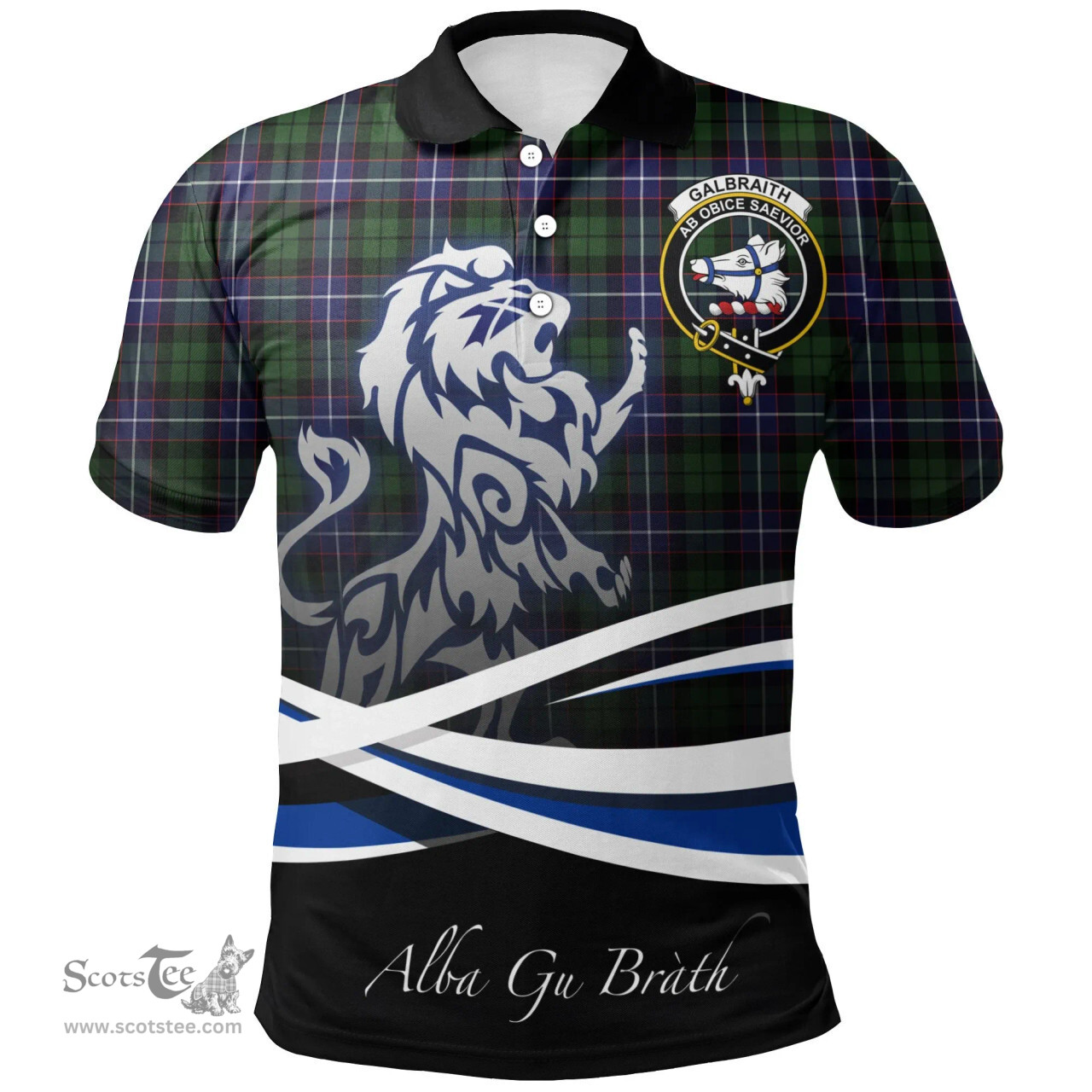 Scottish Galbraith Modern Clan Crest Tartan Polo Shirt - Blue Scotland Lion, Tartan Plaid Polo Shirt Scottish Plaid Tartan Plaid - ScotsTee - scotstee.com