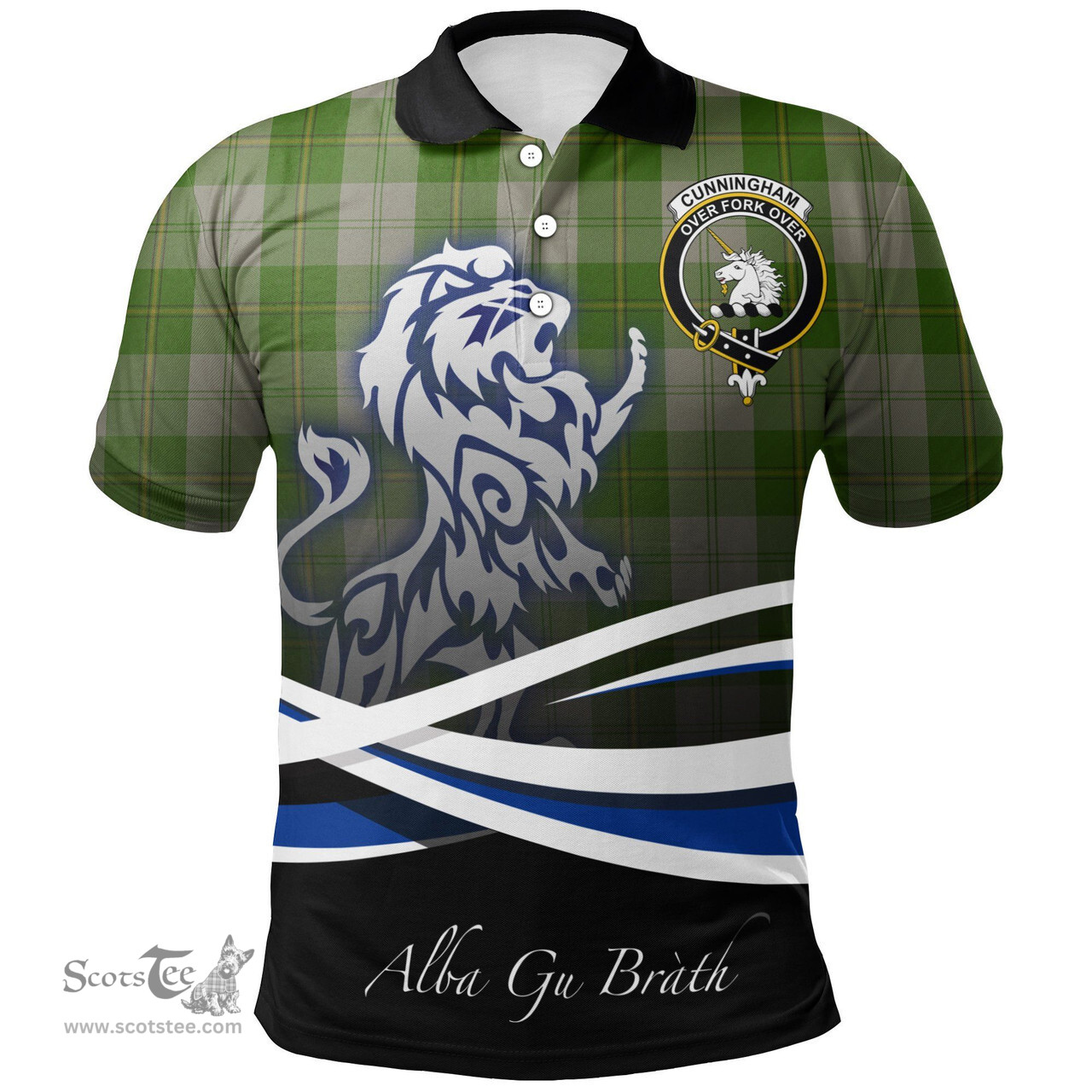 Scottish Cunningham Dress Green Dancers Clan Crest Tartan Polo Shirt - Blue Scotland Lion, Tartan Plaid Polo Shirt Scottish Plaid Tartan Plaid - ScotsTee - scotstee.com