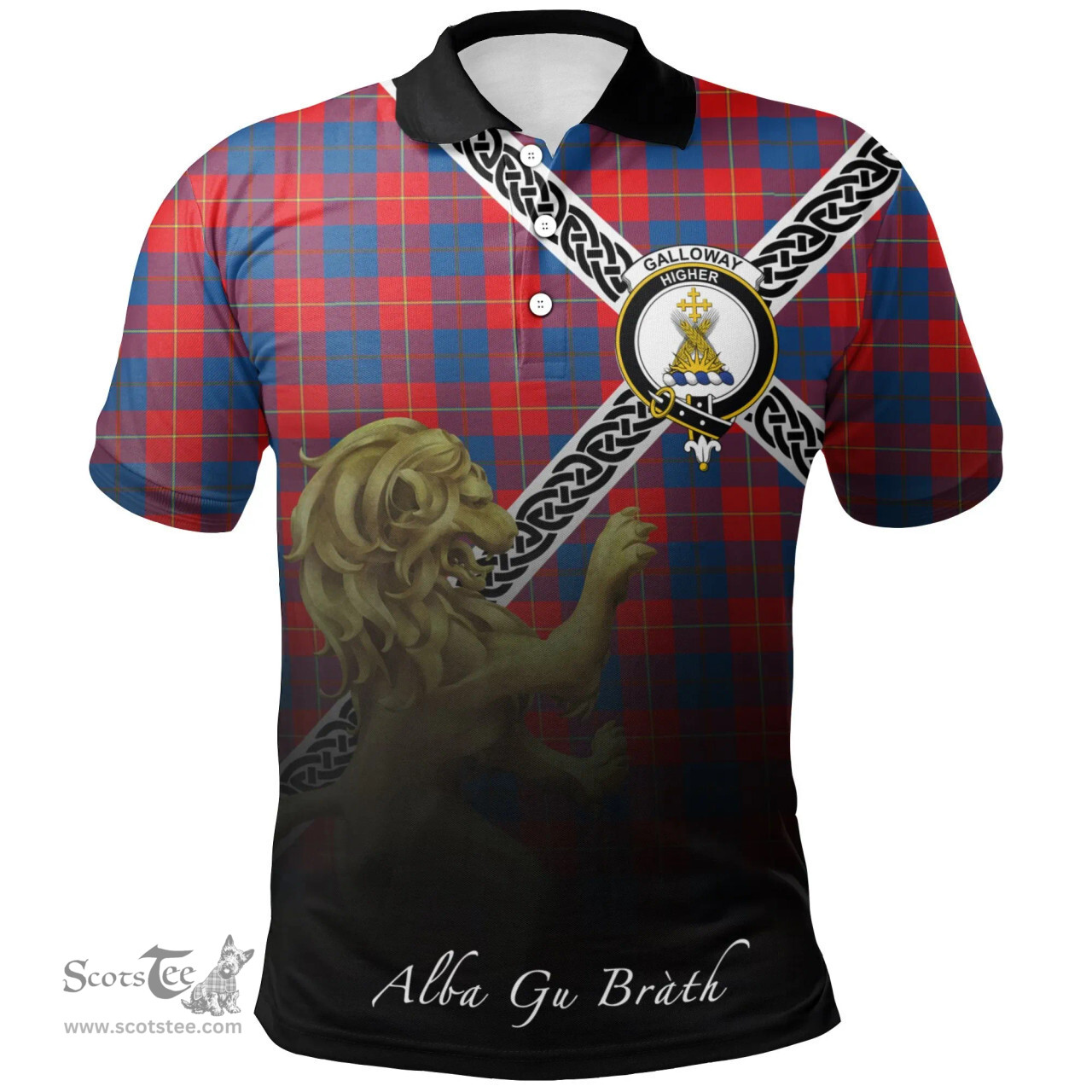 Scottish Galloway Red Clan Crest Tartan Polo Shirt - Celtic with Scotland Lion, Tartan Plaid Polo Shirt Scottish Plaid Tartan Plaid - ScotsTee - scotstee.com