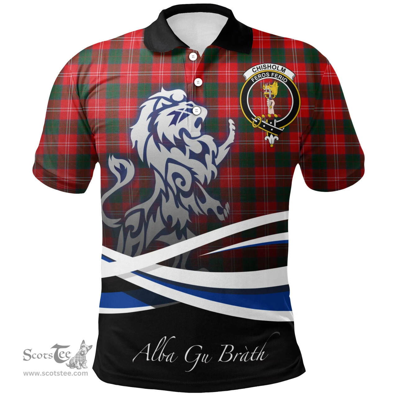 Scottish Chisholm Modern Clan Crest Tartan Polo Shirt - Blue Scotland Lion, Tartan Plaid Polo Shirt Scottish Plaid Tartan Plaid - ScotsTee - scotstee.com