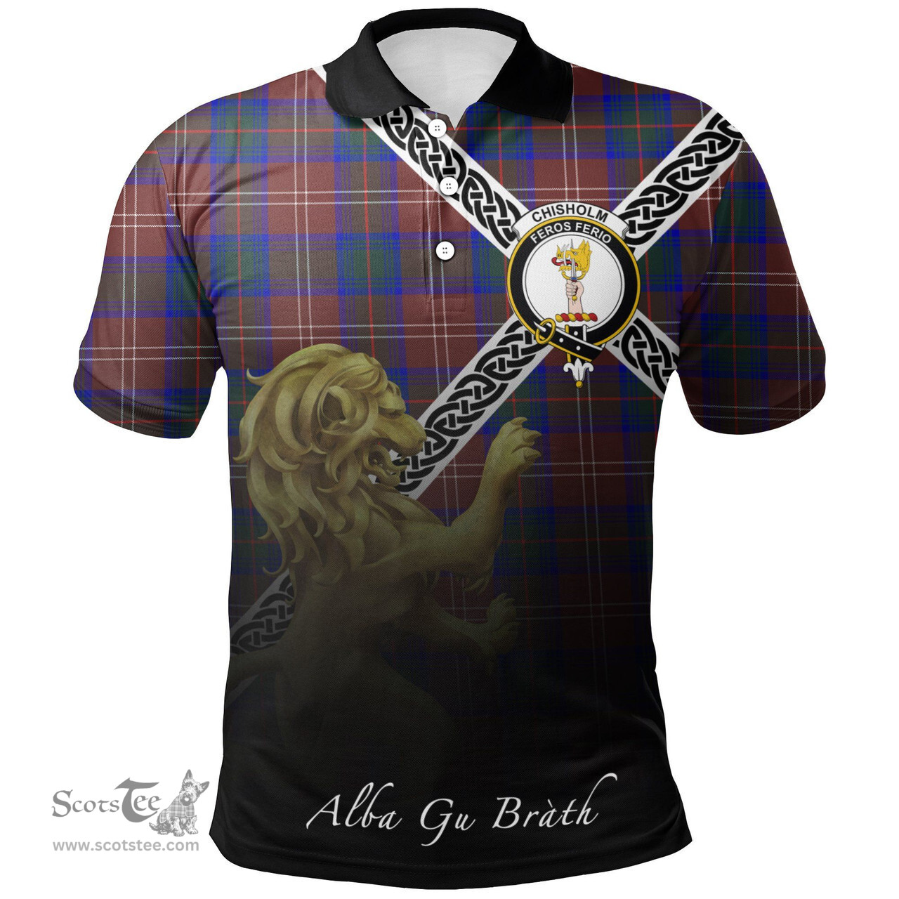 Scottish Chisholm Hunting Modern Clan Crest Tartan Polo Shirt - Celtic with Scotland Lion, Tartan Plaid Polo Shirt Scottish Plaid Tartan Plaid - ScotsTee - scotstee.com