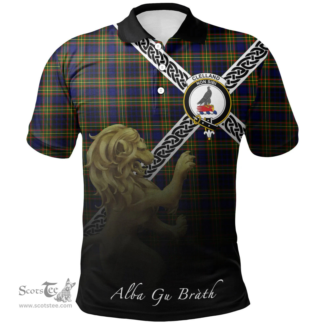 Scottish Clelland Modern Clan Crest Tartan Polo Shirt - Celtic with Scotland Lion, Tartan Plaid Polo Shirt Scottish Plaid Tartan Plaid - ScotsTee - scotstee.com