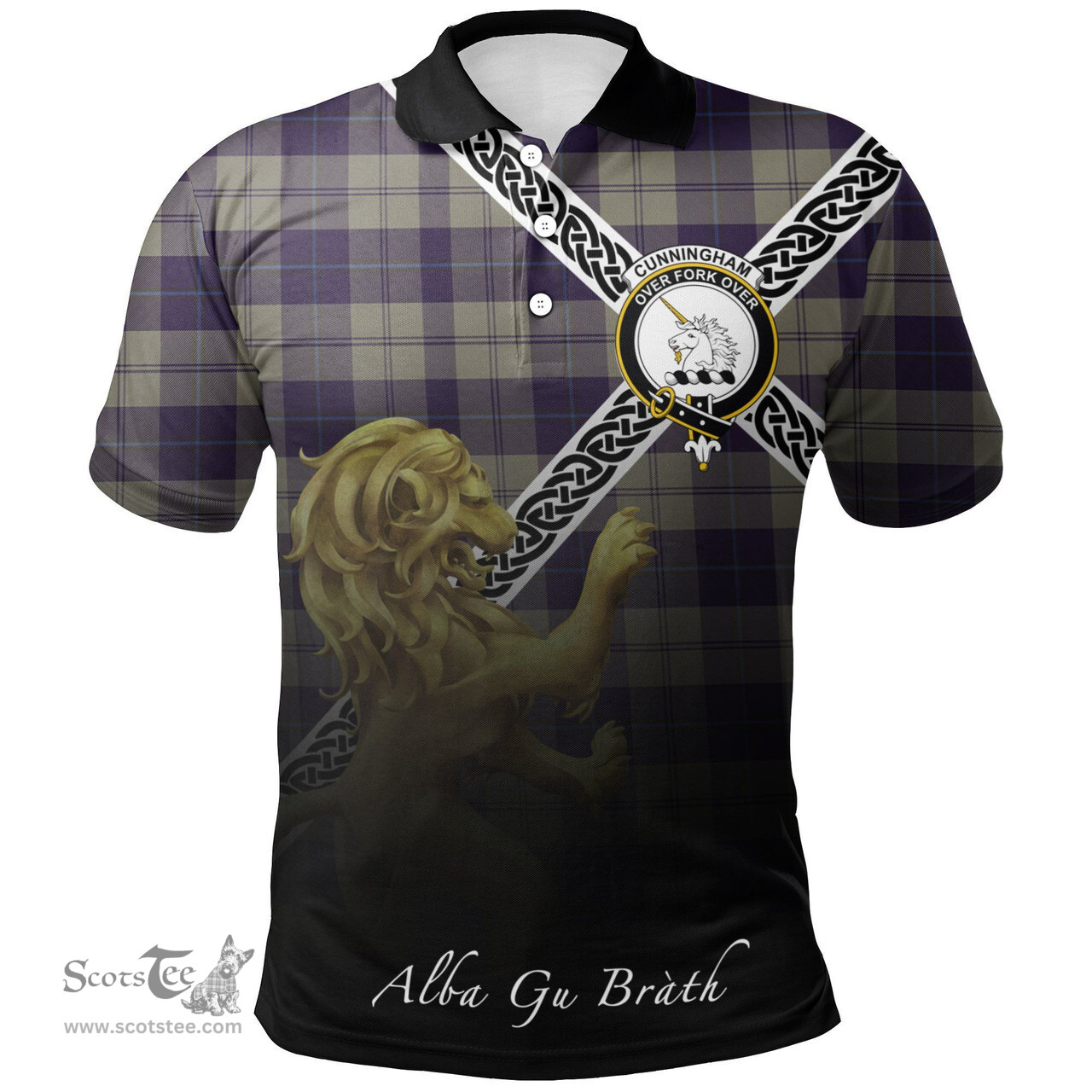 Scottish Cunningham Dress Blue Dancers Clan Crest Tartan Polo Shirt - Celtic with Scotland Lion, Tartan Plaid Polo Shirt Scottish Plaid Tartan Plaid - ScotsTee - scotstee.com