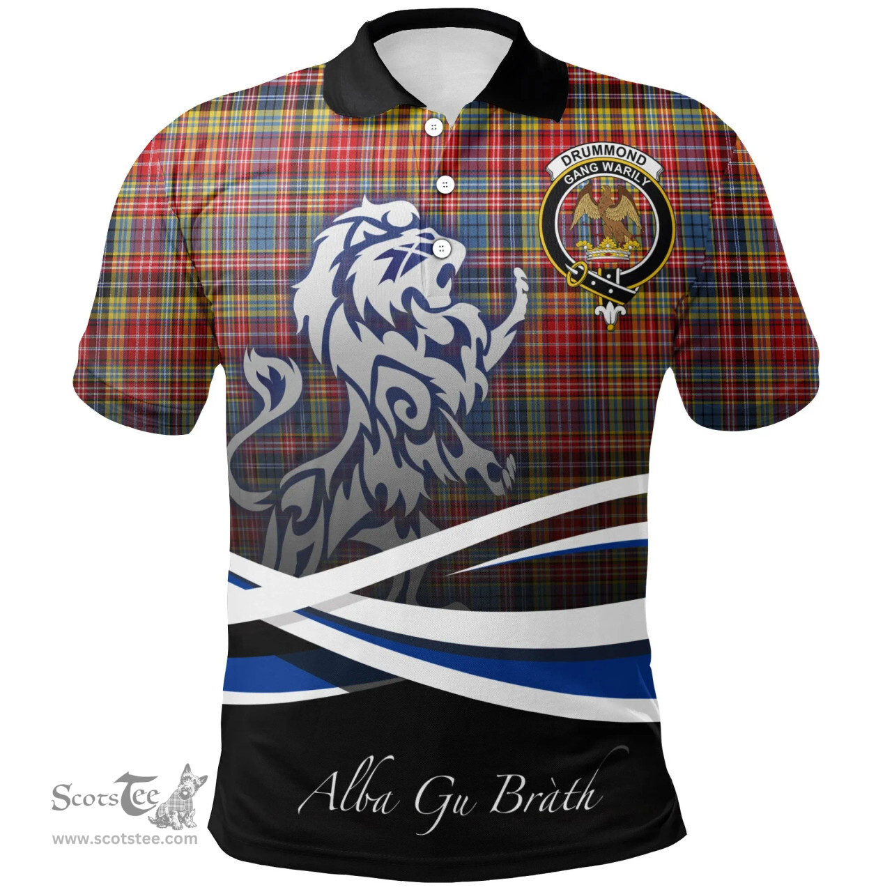 Scottish Drummond of Strathallan Clan Crest Tartan Polo Shirt - Blue Scotland Lion, Tartan Plaid Polo Shirt Scottish Plaid Tartan Plaid - ScotsTee - scotstee.com
