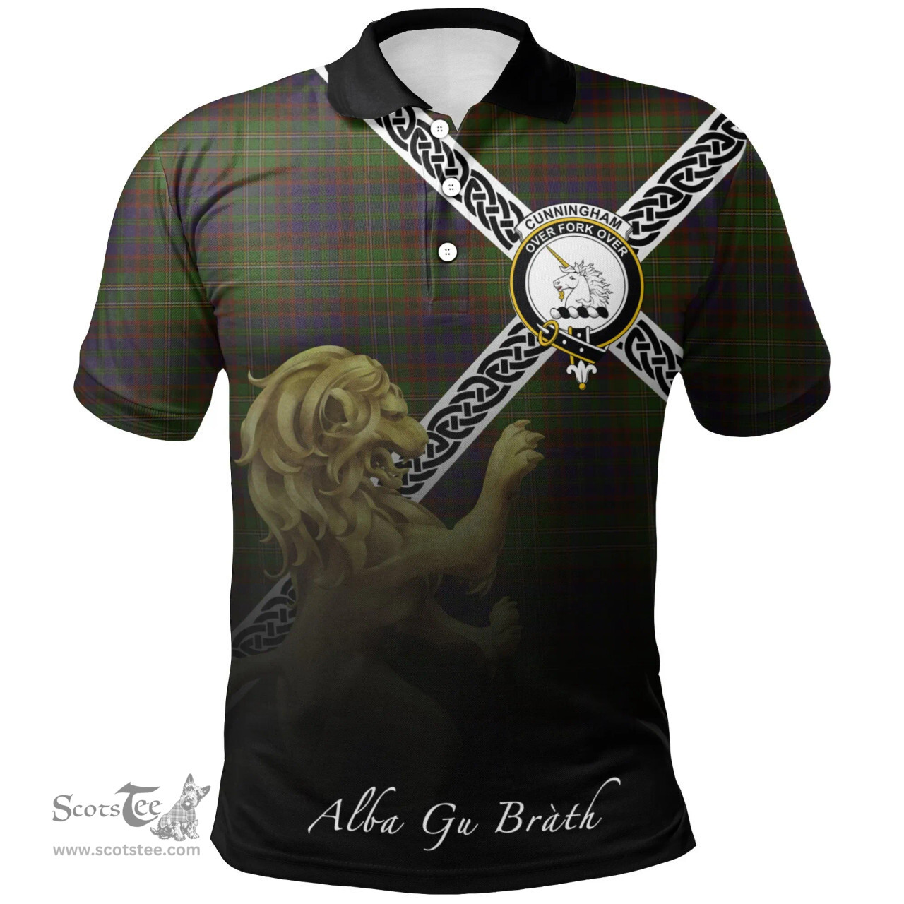 Scottish Cunningham Hunting Modern Clan Crest Tartan Polo Shirt - Celtic with Scotland Lion, Tartan Plaid Polo Shirt Scottish Plaid Tartan Plaid - ScotsTee - scotstee.com