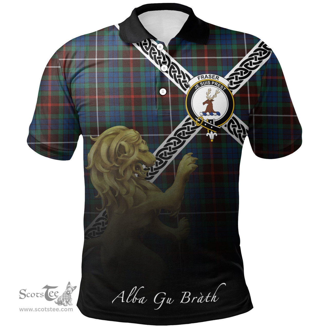 Scottish Fraser Hunting Ancient Clan Crest Tartan Polo Shirt - Celtic with Scotland Lion, Tartan Plaid Polo Shirt Scottish Plaid Tartan Plaid - ScotsTee - scotstee.com