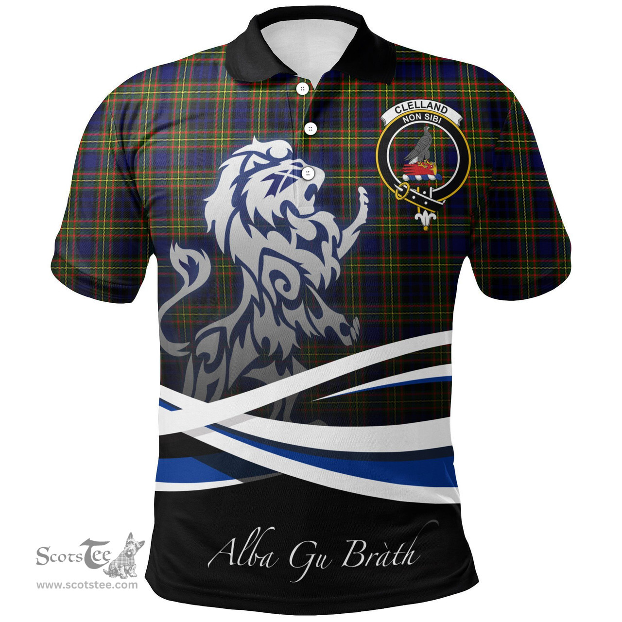Scottish Clelland Modern Clan Crest Tartan Polo Shirt - Blue Scotland Lion, Tartan Plaid Polo Shirt Scottish Plaid Tartan Plaid - ScotsTee - scotstee.com