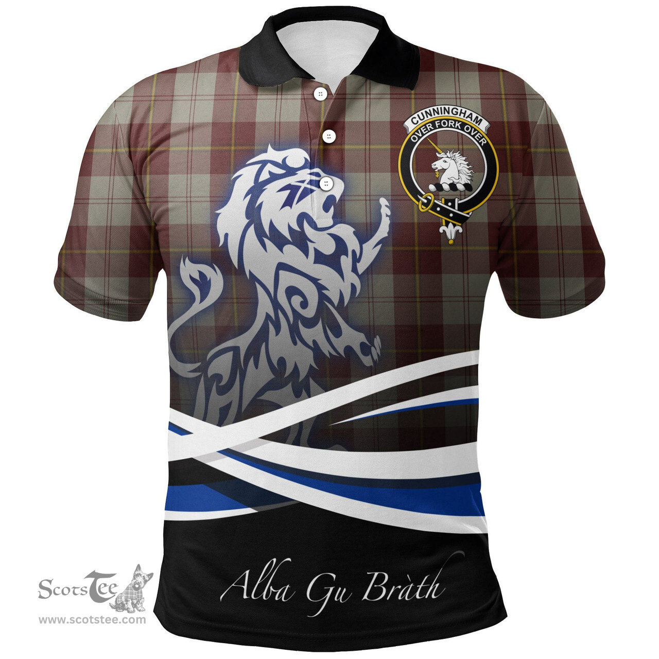 Scottish Cunningham Burgundy Dancers Clan Crest Tartan Polo Shirt - Blue Scotland Lion, Tartan Plaid Polo Shirt Scottish Plaid Tartan Plaid - ScotsTee - scotstee.com