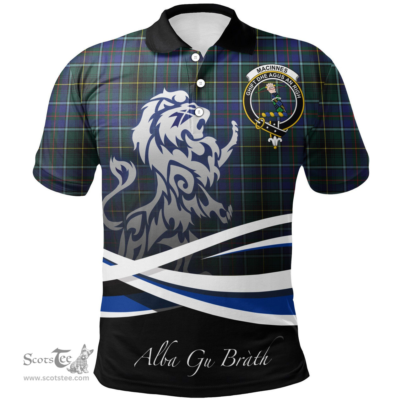 Scottish MacInnes Modern Clan Crest Tartan Polo Shirt - Blue Scotland Lion, Tartan Plaid Polo Shirt Scottish Plaid Tartan Plaid - ScotsTee - scotstee.com